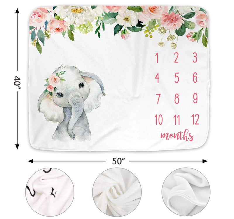 Popfavors Floral Elephant Baby الشهرية Milestone Blanket Jungle Elephant Girl's Soft Fleece Blanket Monthly Milestone بطانية فتاة الفيل الحضانة الرضع حديثي الولادة يتضمن علامة (أبيض 50 × 40 بوصة) - Image 3